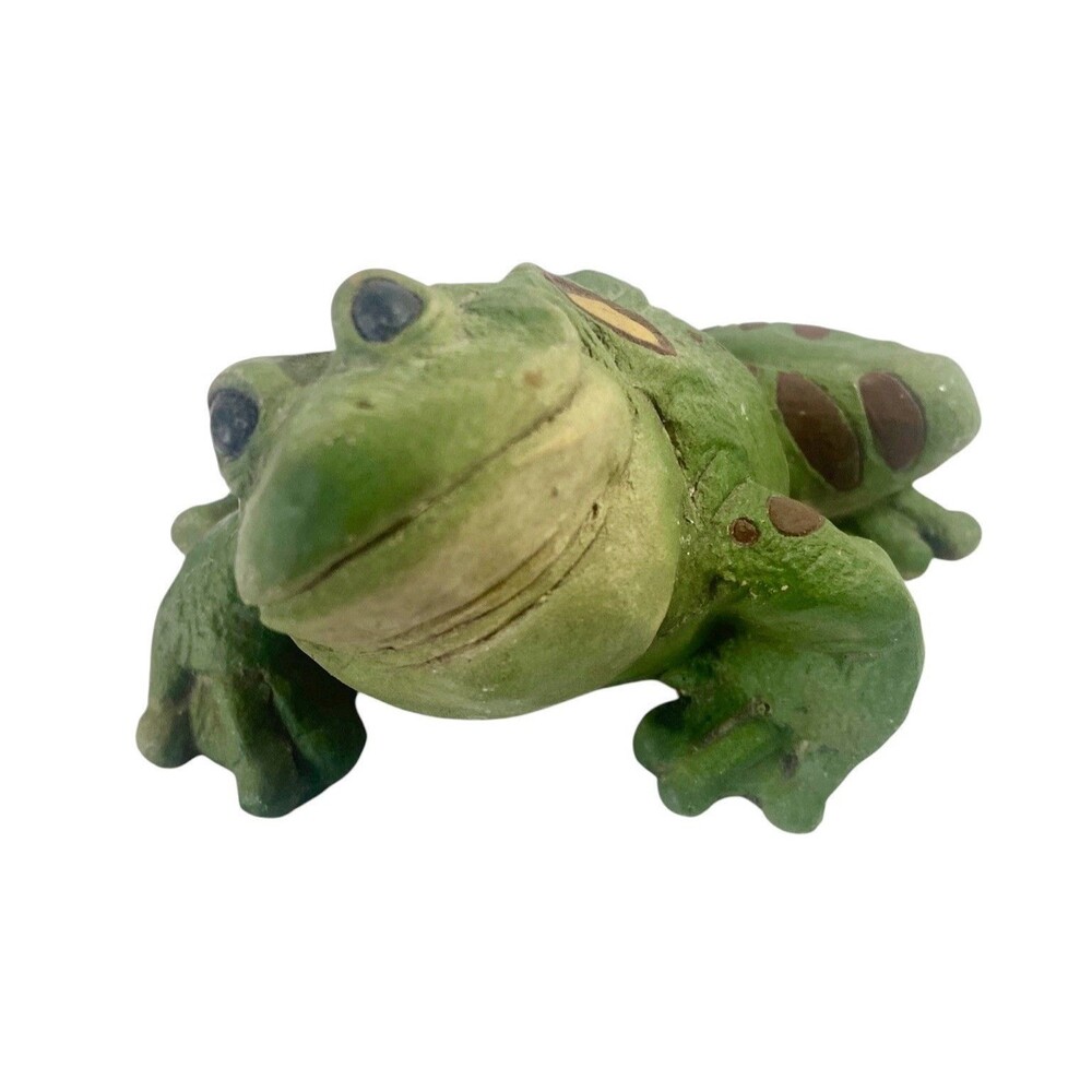 Frog Shelf Sitter Green Lumpy Yellow Accents Signed Don James 2 inches tall